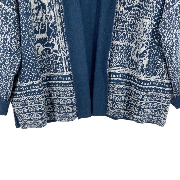 Pure Jill Cardigan Sweater Womens Medium Blue White Geo Print Cotton Open Front - Picture 3 of 16